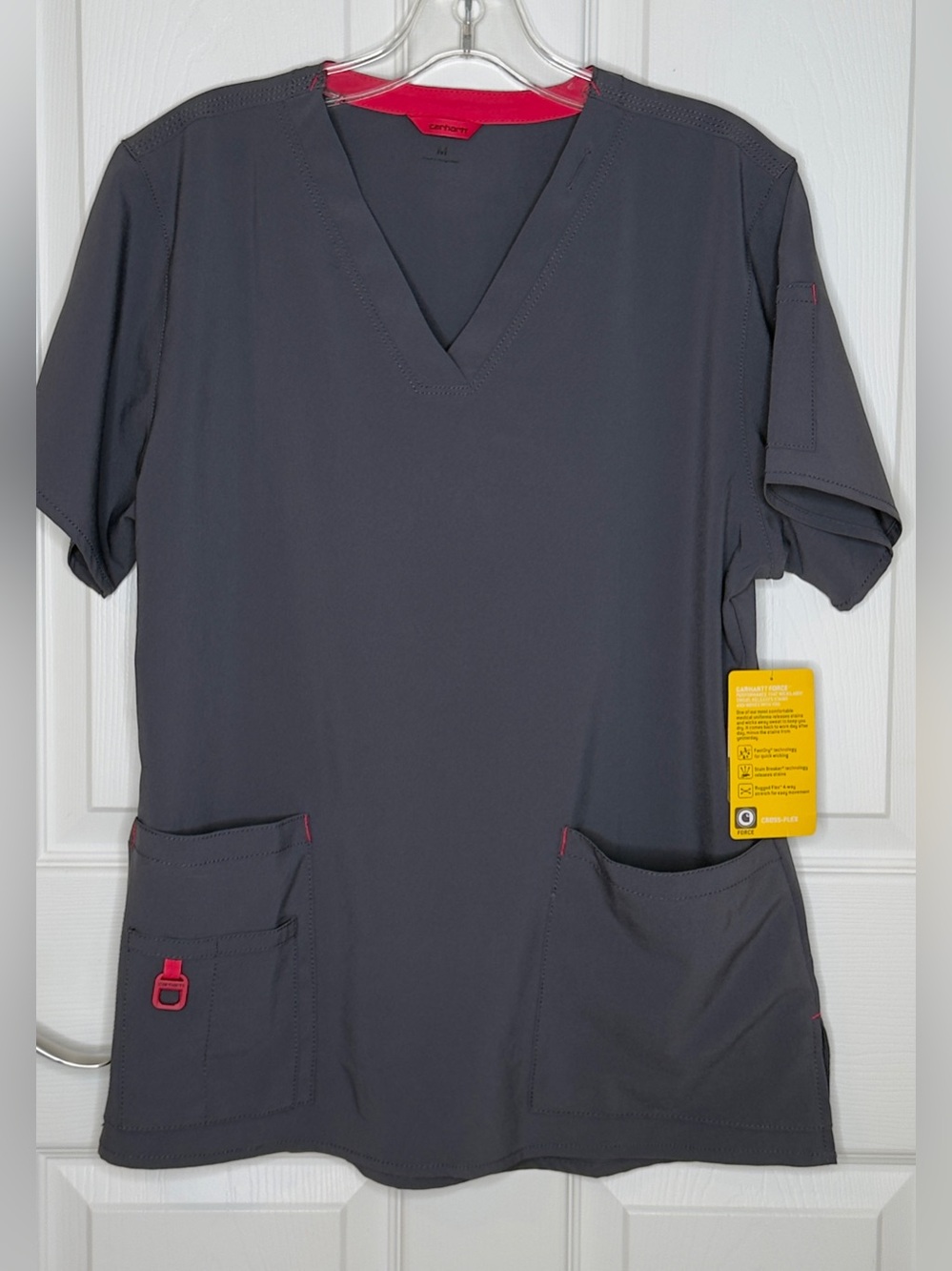 Carhartt Cross-Flex Women’s  V-Neck Scrub Top Pewter with Pink Trim Medium New